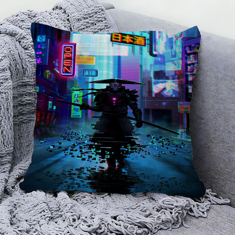 Japan Neon Punk City Samurai Pillow Cover Design Cushion Cover Decor Holiday Decorati