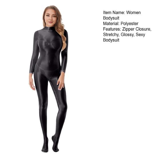 Lady Glossy Bodystocking Stretchy Sexy Full Bodysuit Long Sleeve Jumpsuit with Zipper Shiny Smooth Leotard Catsuit for Dance Practice Club Pole Dance