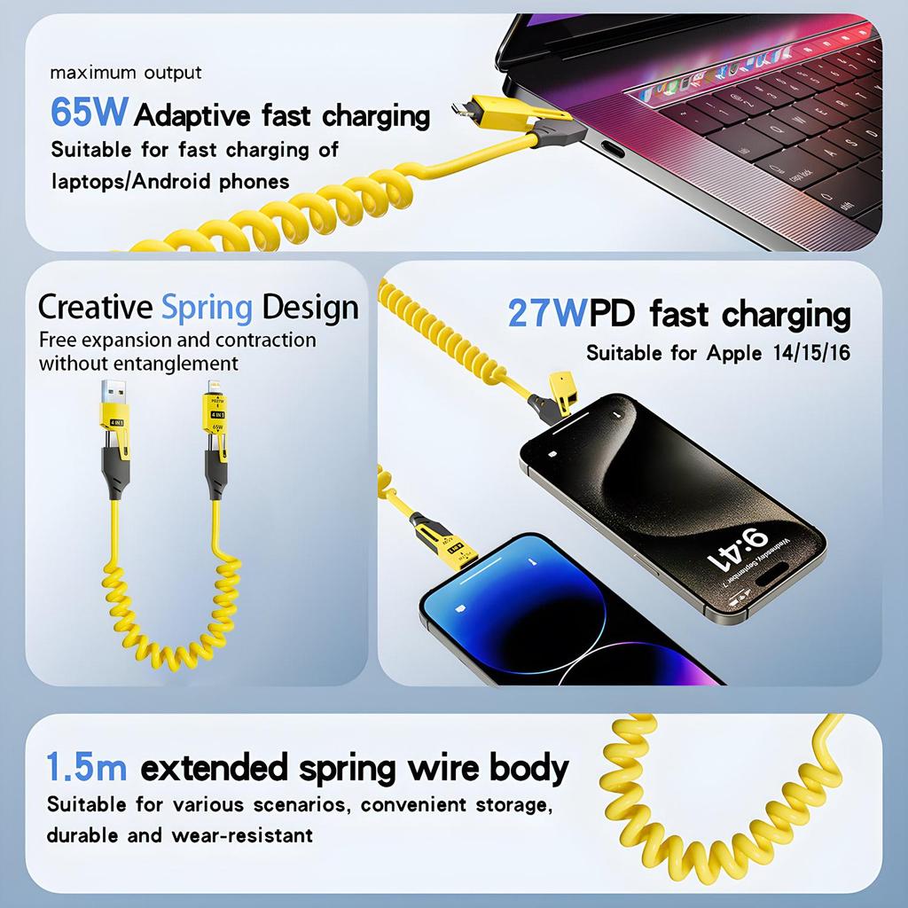 1Pc 65W 4 in 1 Spring Short Data Cable 6A USB Type C Spring Telescopic Quick Charger Wire Spring USB Cable