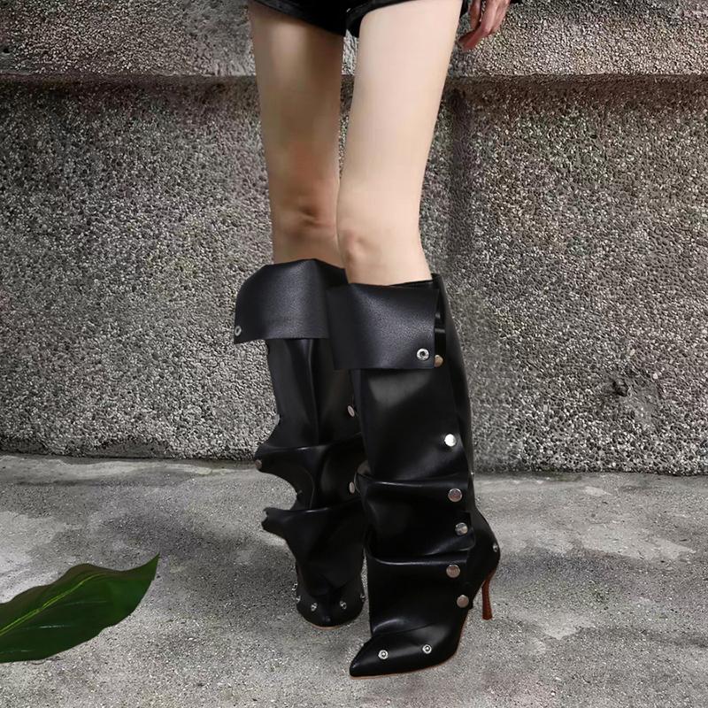 Willow Studded Buckle Splicing Cowboy Pleated Boots Women Spice Girls Fashion Ladies Slim Heel Sexy Versatile Women'S Shoes