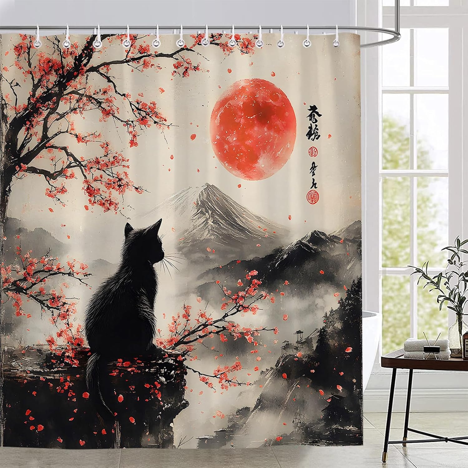 Annier Red/Black Japanese Cat Shower Curtain Vintage Floral Plum Blossom Cherry Blossom Cat Asian Rustic Mountain Traditional Bathroom