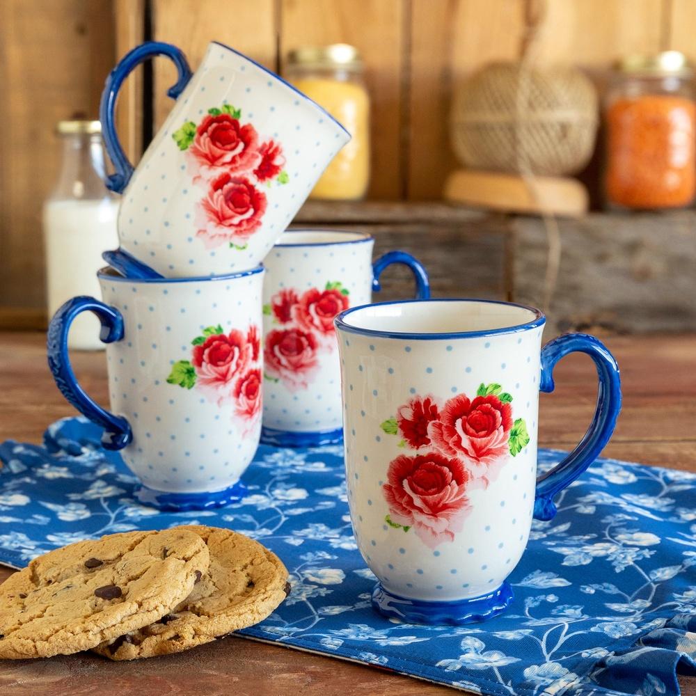 Heritage Floral Coffee Mug Set 4-Piece Stoneware Tea Cups Dishwasher Microwave Safe Rustic Kitchen Gift