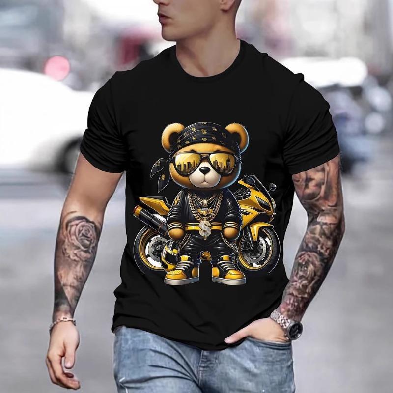 Summer Street Fun Teddy Bear 3D Digital Printed Round Neck Short Sleeve Men's Sports Leisure Comfortable Loose T-shirt