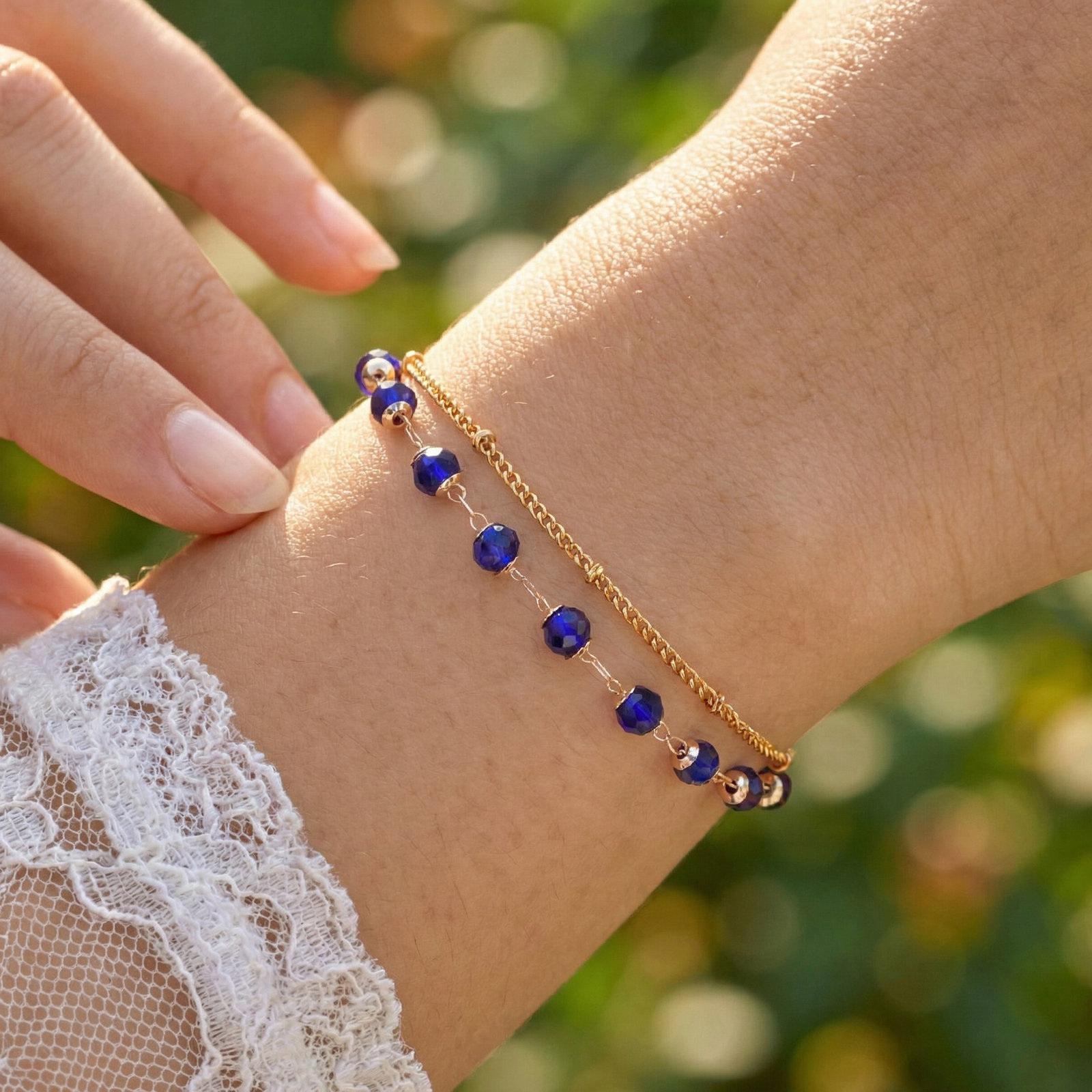 

Blue Crystal Bracelet Stack Stainless Steel Double Layer Bead Chain Hand for Women Boho Summer Jewelry