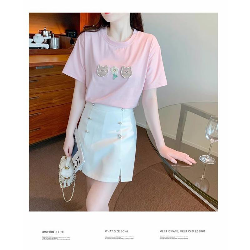 Bear White Cotton Short-sleeved T-shirt for Women Summer New Pearl Design Niche Unique Top