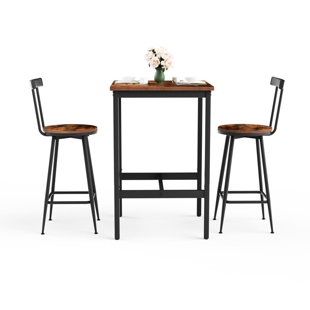 Juego de mesa alta y taburetes, mesa de comedor con dos sillas, estructura metálica, estilo industrial, para comedor, sala de estar, marrón rústico, 60cm*60cm*90cm