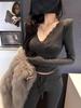 Women's Sexy V-Neck Lace Trim Long Sleeve Base Layer, Thickened for Autumn/Winter