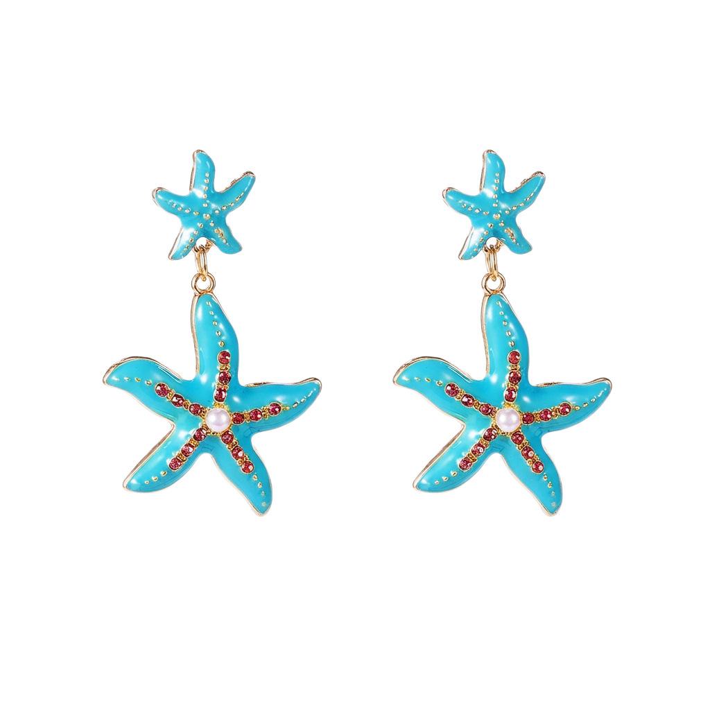 European and American Summer Ocean Wind Starfish Earrings Beach Vacation Exaggerated Earrings Alloy Diamond-encrusted Shell Earrings Women's Models