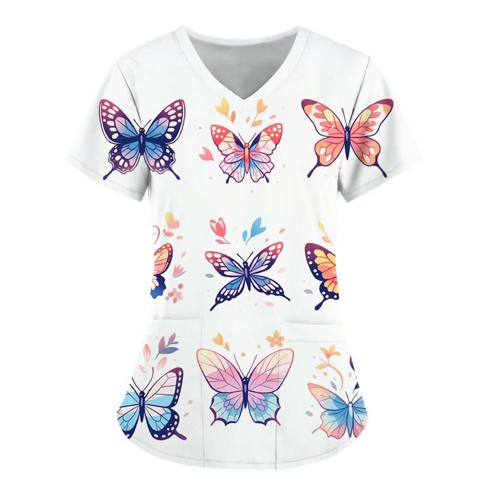 Women's T-shirt V-neck Nurse Uniform Commuting Comfortable Short Sleeved Butterfly Printed T-shirt for Women