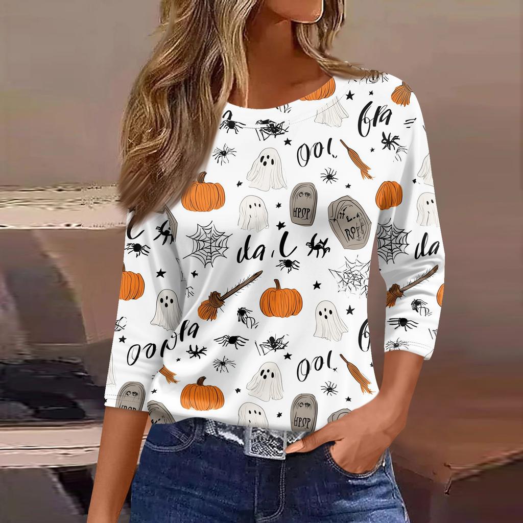 Women's Halloween Print T-Shirt Loose Fit Round Neck Three Quarter Sleeve Casual Shirt with Pumpkin and Bat Design for Seasonal Wear