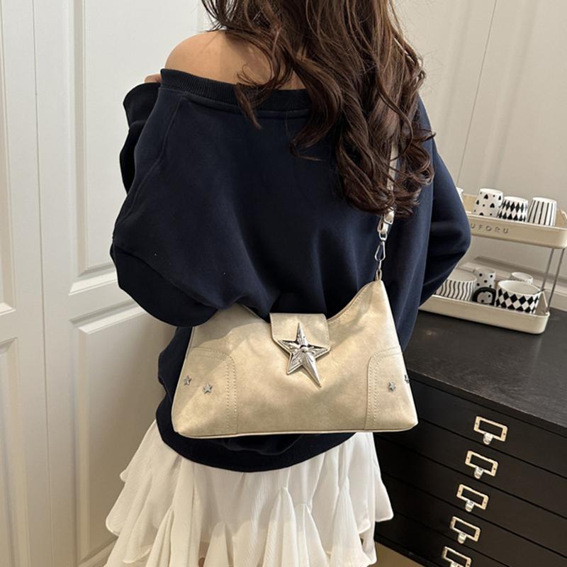 Women PU Star Decor Shoulder Bag Chic Hobo Bag Large Capacity Fashion Crossbody Bag Solid Color Sweet Underarm Bag AVE