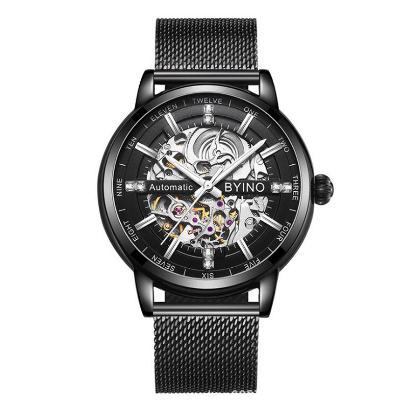 Beiyino Men s Waterproof Luminous Skeleton Watch with Black Mesh Leather Strap