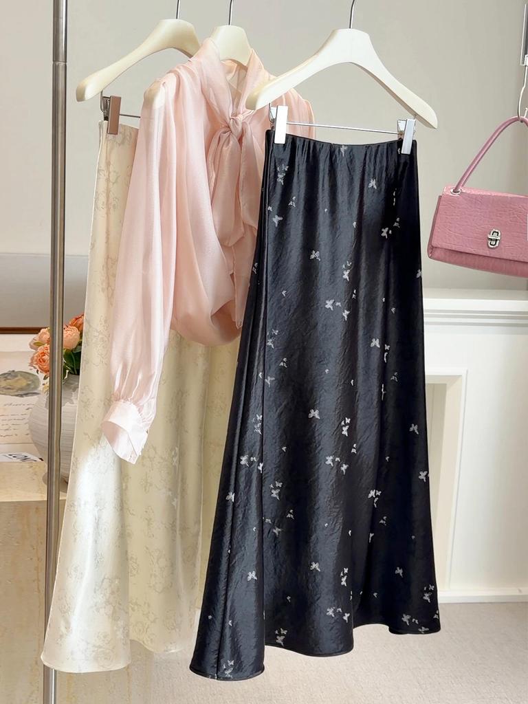 Retro High-Waist Silk Acetate A-line Butterfly Jacquard Fishtail Midi Skirt for Women