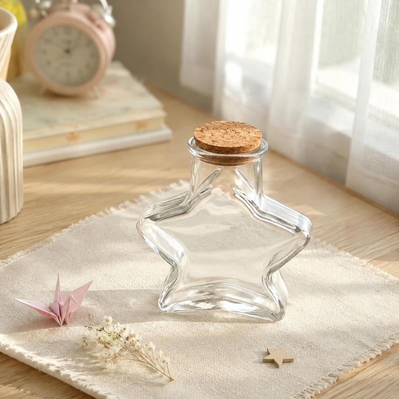 Decorative Glass Bottles With Cork Stopper Clear Glass Jar in Five-Point Form with Wood Cap,Display Bottle for Sand Candy and Paper Bits in Shelf or
