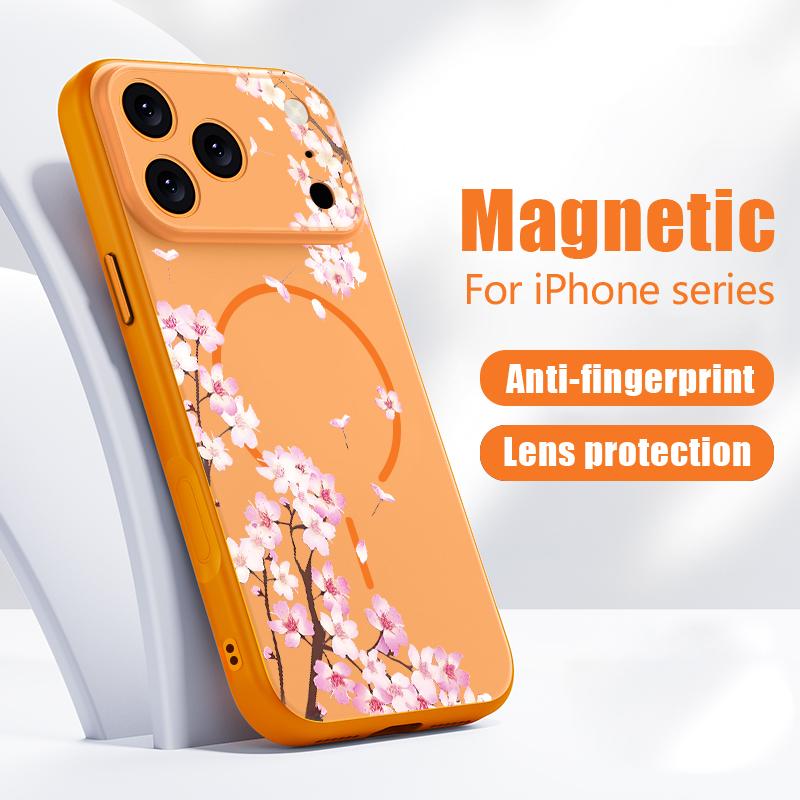 Pink Peach Blossoms Floral Pattern For iPhone 17 Pro Max Funda iPhone 16 15 14 13 Pro Max Skin Feeling Magnetic For Magsafe Shockproof Bumper Cover