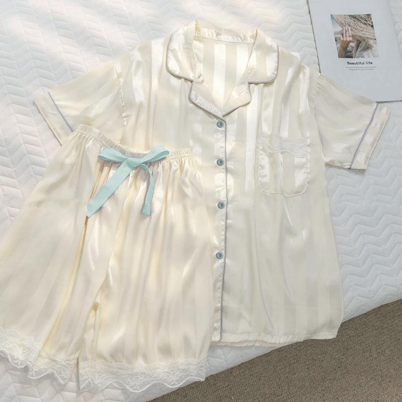 

Ленивый ветер, милые полосатые шорты с коротким рукавом, пижама из ледяного шелка, женская летняя одежда для дома, женский костюм M