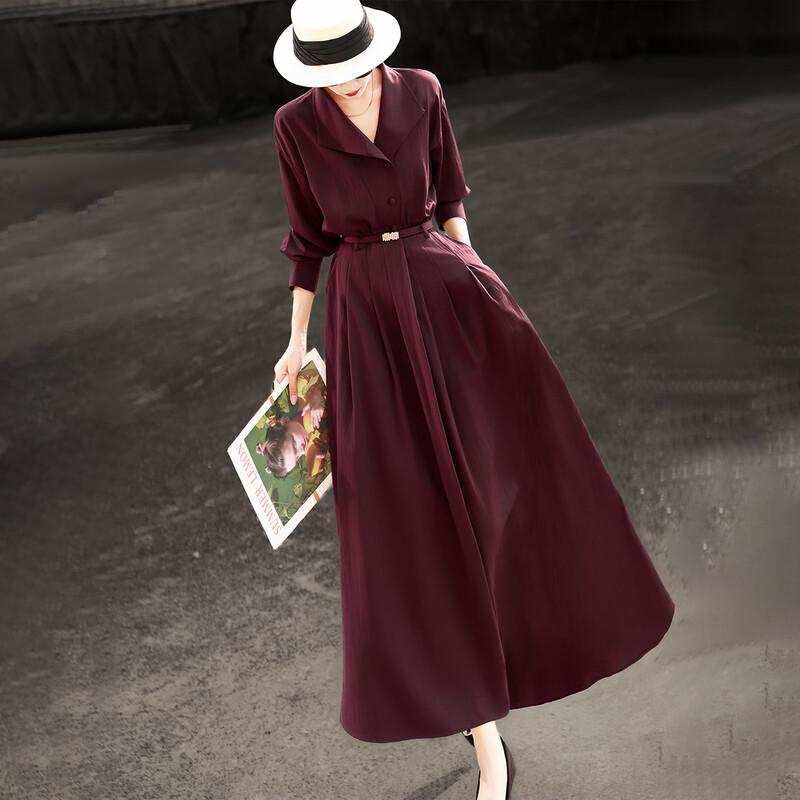 Elegant Long-Sleeve Lapel Waist-Cinching Dress XL