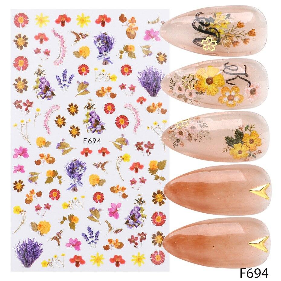 1pc 3D Nail Stickers Spring Summer Natural Flower Leaves Simulation Dried Flower Dragonfly Nail Applique Water Slides Decoration