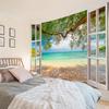 Coastal Window View Wall Hanging, Tropical Beach Ocean Green Tree Nature Landscape Art Fabric for Bedroom Living Room Decor