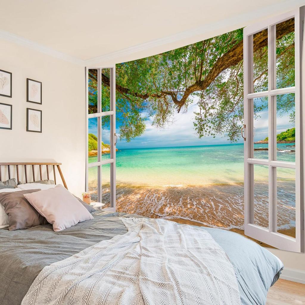 Coastal Window View Wall Hanging, Tropical Beach Ocean Green Tree Nature Landscape Art Fabric for Bedroom Living Room Decor
