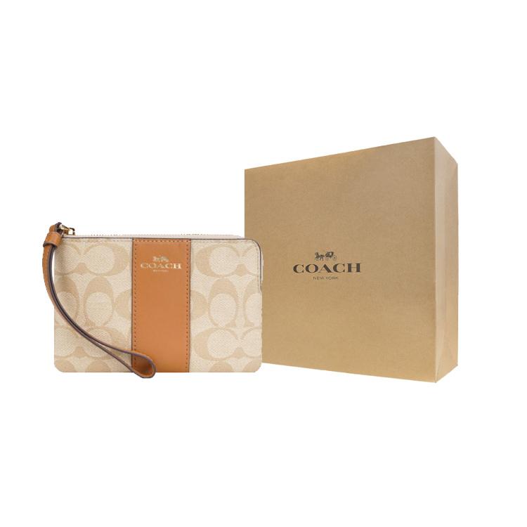 New COACH Corner Zip Canvas With Leather Canvas Bag Mahjong Clutch Wrist Bag Small Size Women's Brown & Khaki Monogram 58035-IMNLJ