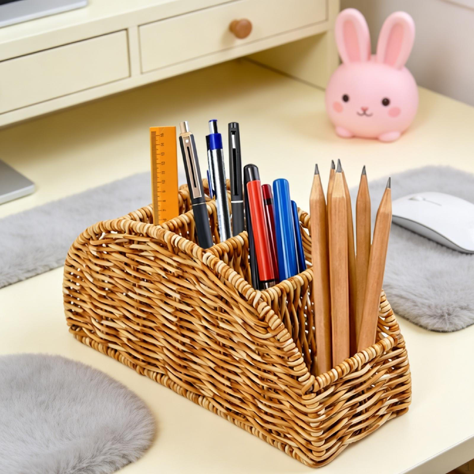 

Imitation Rattan Woven Basket Remote Control Organizer Versatile Convenient Storage Box Pen Holder