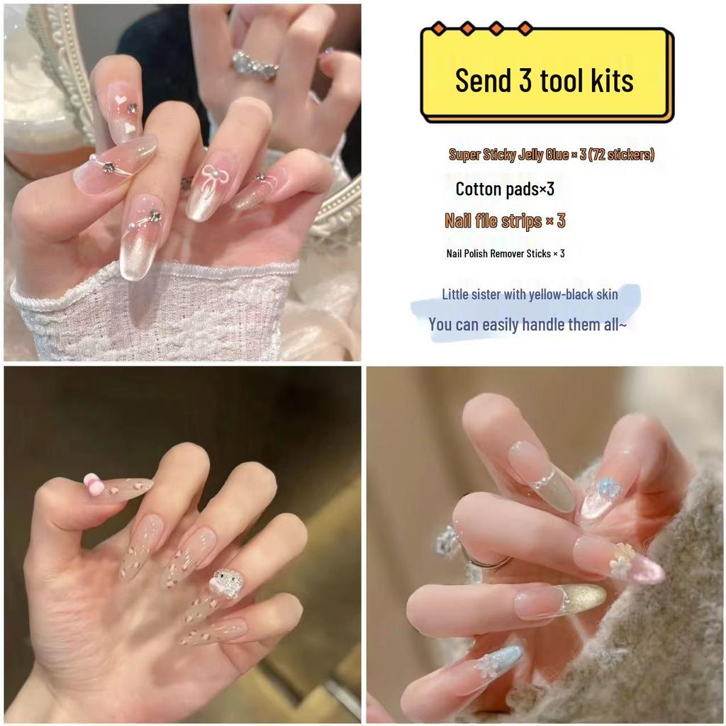 Popular Handmade Heart Bow Pearl Chain Nail Art Tips - Set of 30 Wearable Fake Nails