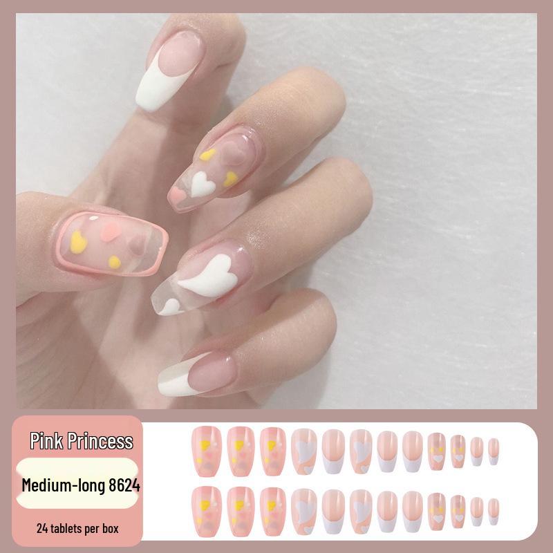 European & American Style Press-On Nails: Pink & White Peach Heart, Ice Transparent, Ultra-Thin, Romantic Design.