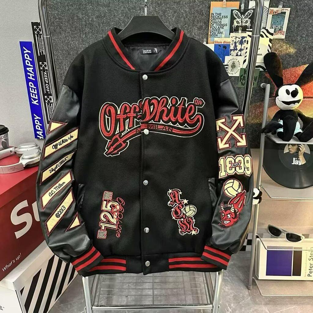 Europäischer Trend Patchwork Leder Baseballjacke mit Stickerei für Damen und Herren - Unisex High Street Stil