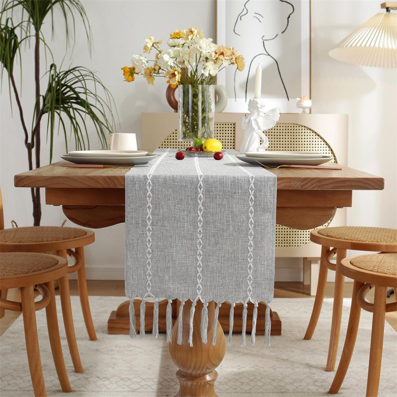 Hand Woven Solid Color Lace Table Runner with Fringe for Farmhouse Christmas Dining Table Decor