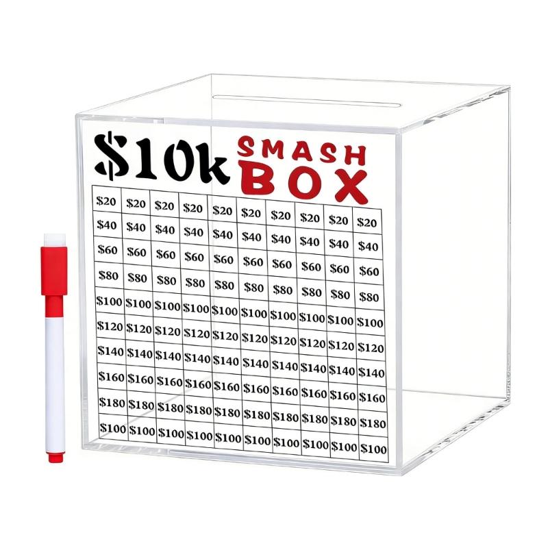 

10k Smash Box for Money,Unbreakables Piggy Banks Save $10,000 Money Saving Challenge Box,Acrylic Savers Box for Cash 1