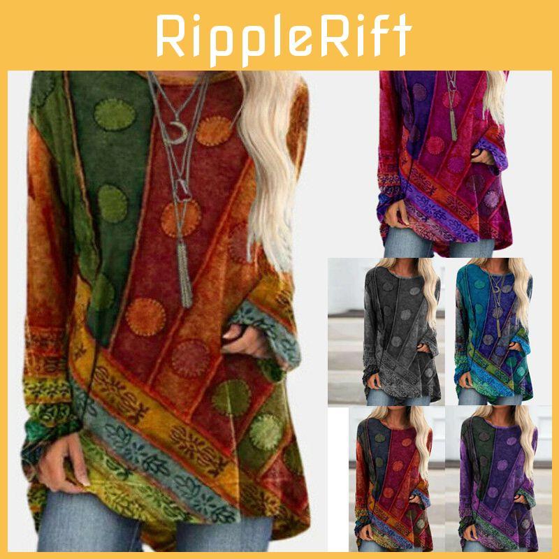 Plus Size Womens Hippie Boho Long Sleeve Tops With Soft Material And Floral Pattern