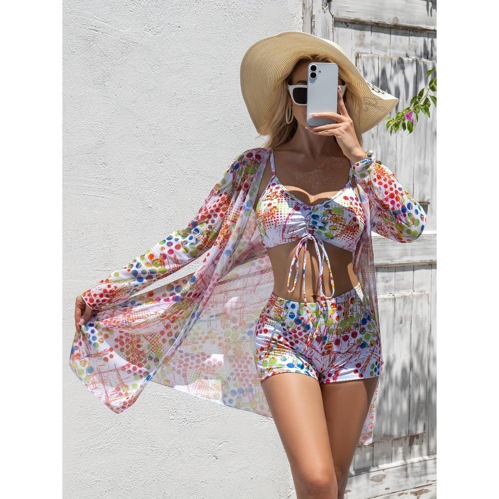 Bikini de Tres Piezas para Mujer con Pantalones Cortos tipo Boy Short, Bañador de Moda con Lazo y Cubre Traje de Playa