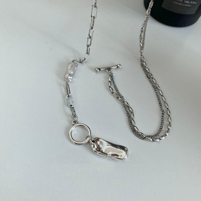 Collar de perlas barrocas irregulares de plata esterlina 925 para mujer, collar con cierre OT geométrico, joyería de fiesta nueva