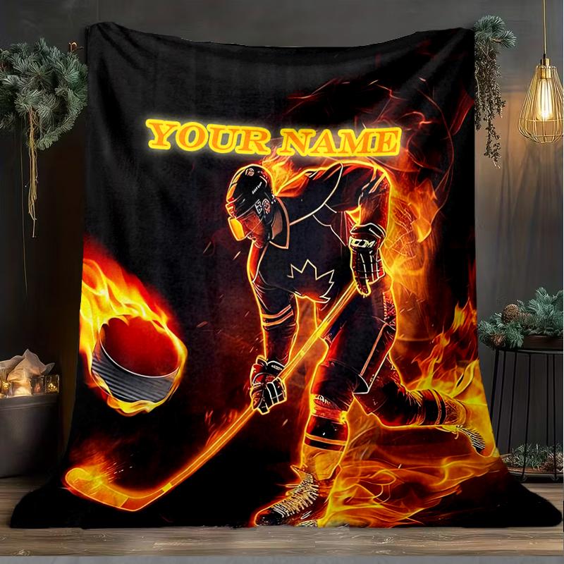 1PC Custom Name Hockey Player Artwork outdooor Flannel blankets Patterns Throw Blanket All-Season Soft Gift for Couch, Bed, Camping gifts
