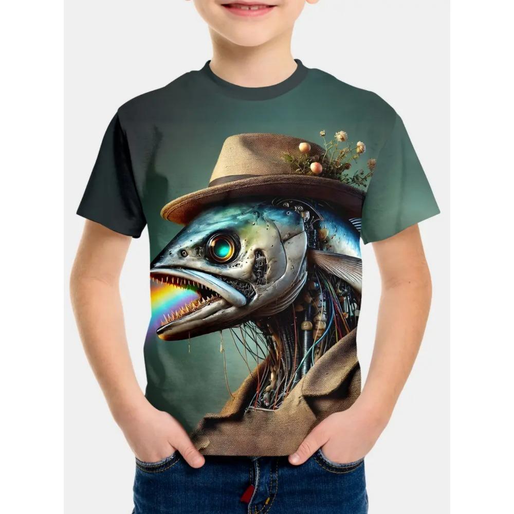 Summer Kids' T-Shirt Cartoon Shark Fishing Boy Casual Cool Round Neck Fashion Top