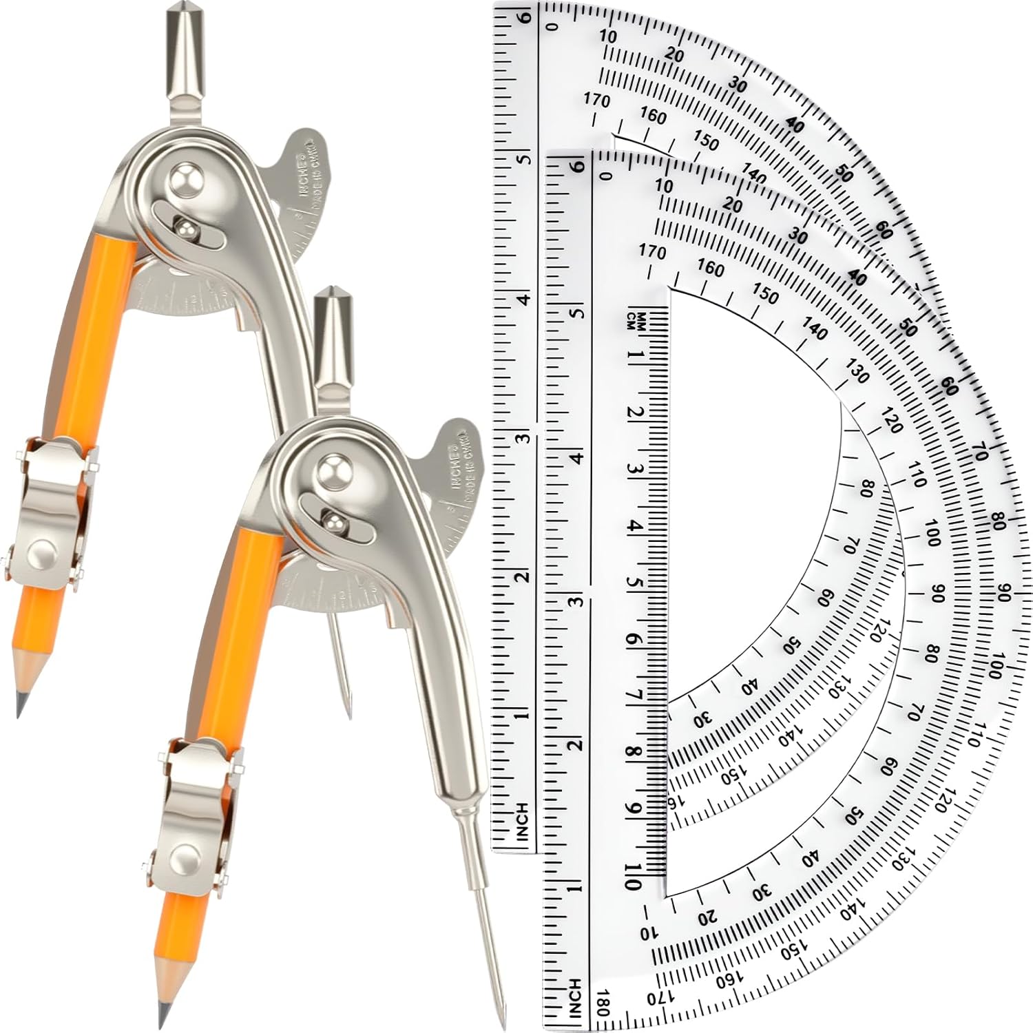 Набор Геометрических Инструментов из 24 Предметов, Циркуль для Геометрии и Набор Транспортиров 6 Дюймов, Включая Металлический Циркуль с Карандашом и Прозрачный Пластиковый Транспортир для 4 Pack