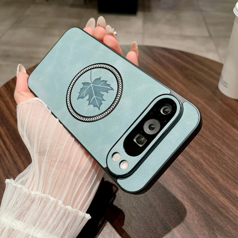 Custodia protettiva in pelle vintage da uomo con cordino per Google Pixel 10 9 8 7A Pro XL Ricarica magnetica Custodia con motivo a foglie d'acero