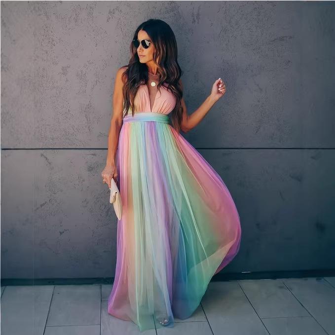 Women's Deep V Halter Rainbow Gradient Tulle Sleeveless Maxi Dress