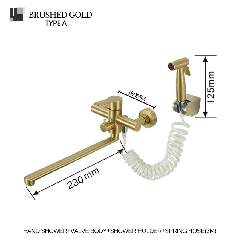 In-Wall Brushed Gold Extra Long Spout Kitchen Sink Faucet Black Hot Cold Double Hole Washbasin Mixer Water Tap Stainless Steel