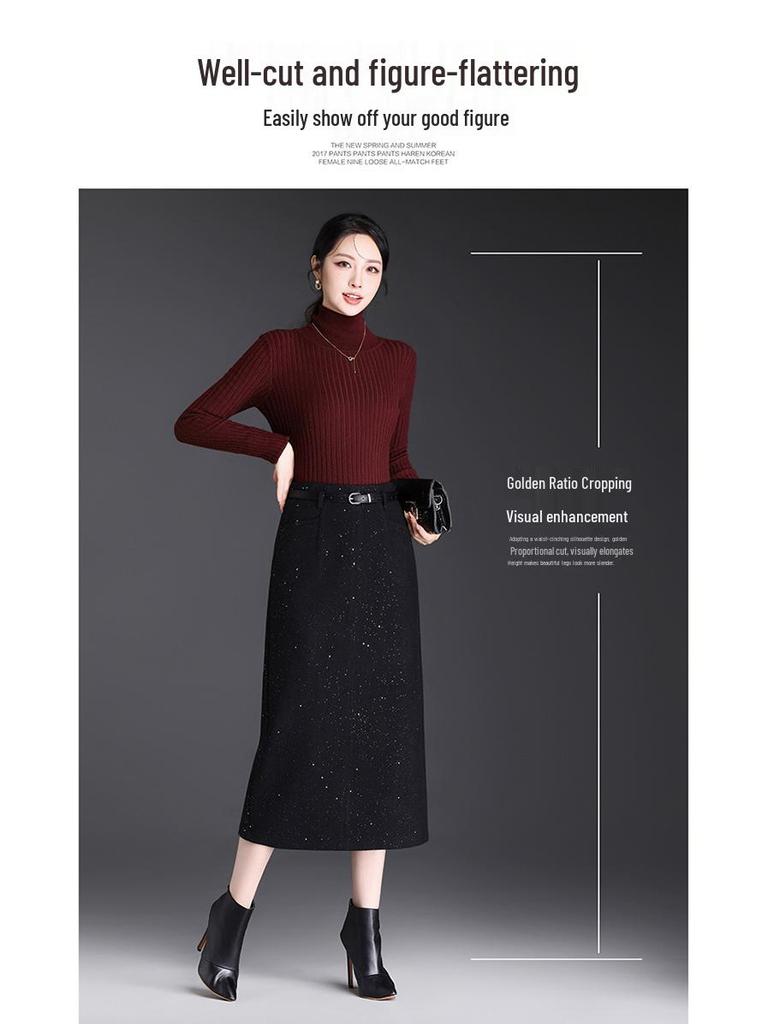 Chic High-Waisted Wool Blend Slit Skirt – 2026 Autumn/Winter Elegant Korean Style
