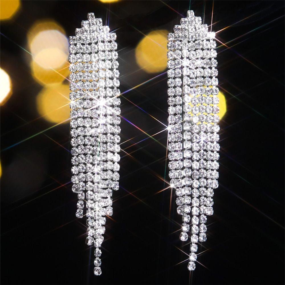 Rhinestones Long Fringe Earrings Sparkly Women Accessories Dangle Chain Stud Earrings Tassel Earrings Evening Wear