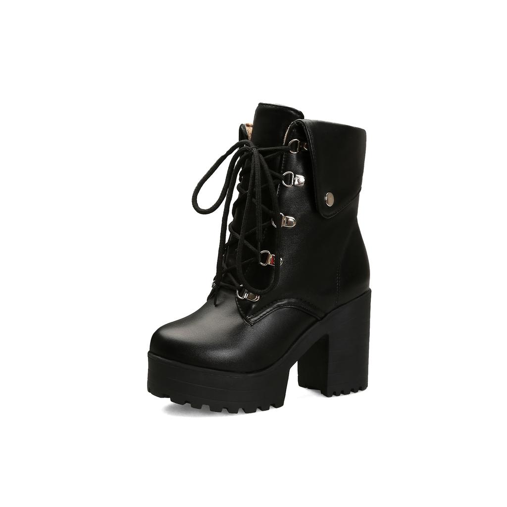 Large Size Martin High Heel Boots Coarse Heel Women's Shoes Winter Round Head - Versatile European and American White
