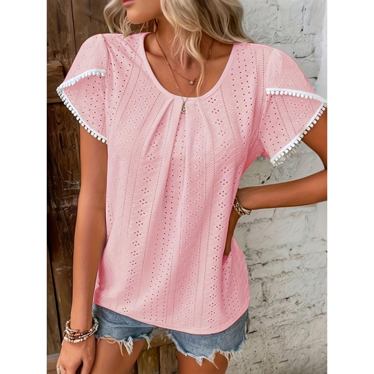 

Summer New Solid Color Ruched Crew Neck Short Sleeve T-Shirt, Casual Tops for Women, European American Crossborder Apparel XXL рожевий