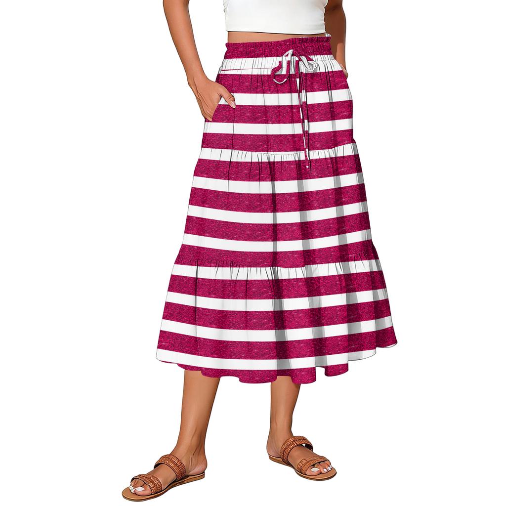 Ladies' Striped Printed Casual Elastic Waist Drawstring Skirt