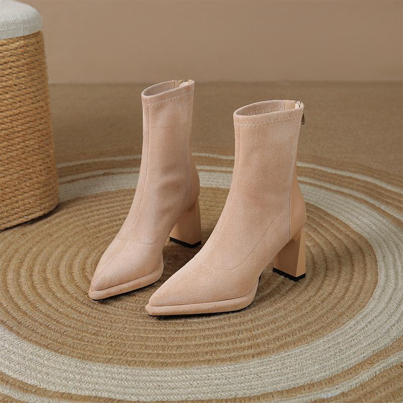 

Черные замшевые кожаные комбинированные короткие ботинки женские на высоком каблуке британские универсальные эластичные ботинки темпераментные тонкие ботинки осень и зима новые 39 абрикосовый