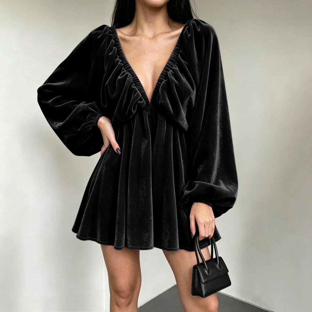 Women's V-Neck Long Sleeve Sleeve Loose Fit Dress Color