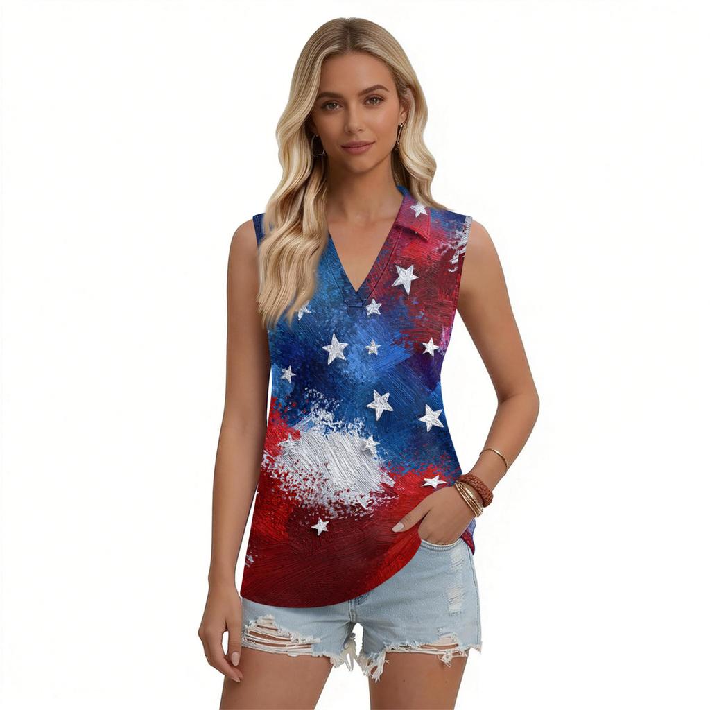 Women's Fashion Casual Lapel Sleeveless Color Shirt Women's V-Neck Up Tops