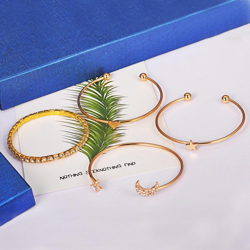 2021 Fashion Four-Piece Bracelet Set: Star, Moon, Rhinestone Peach Heart & Polished Surface