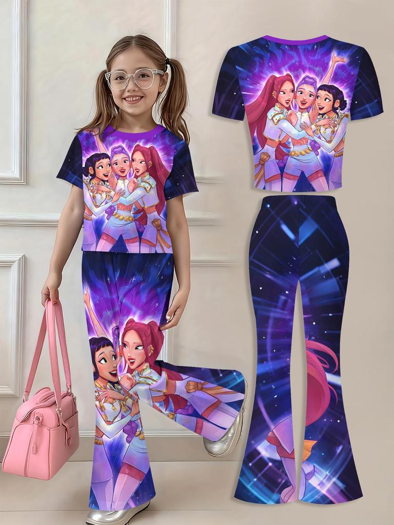 Demon Hunter Kpop Girl Group Bell Pants Set - Comfy Short Sleeve and Long Pants for Spring & Autumn